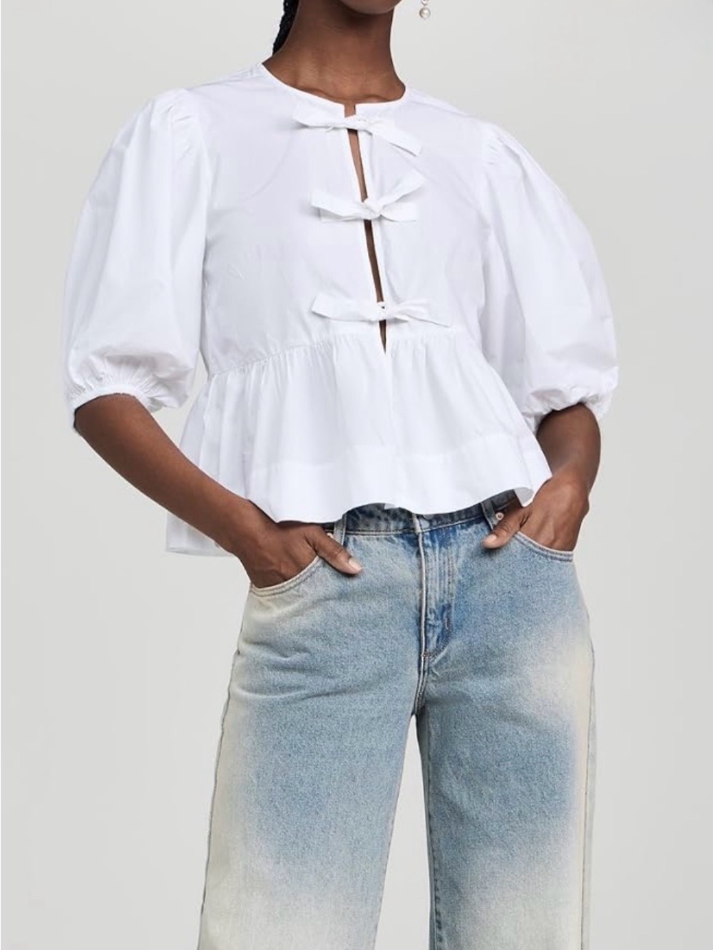 Ganni White Puff-Sleeve Tie-Front Peplum Blouse